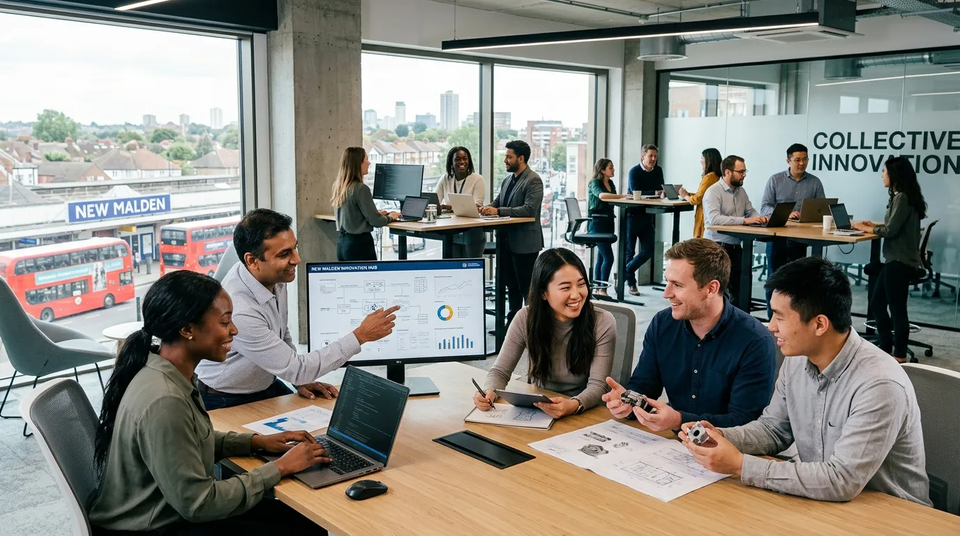 A dynamic, professional hero image featuring diverse teams collaborating in a modern New Malden business setting. Focus on a mix of tech professionals and engineers. Style: Modern corporate photography with a focus on human connection and technology. Mood: Energetic, innovative, and trustworthy.