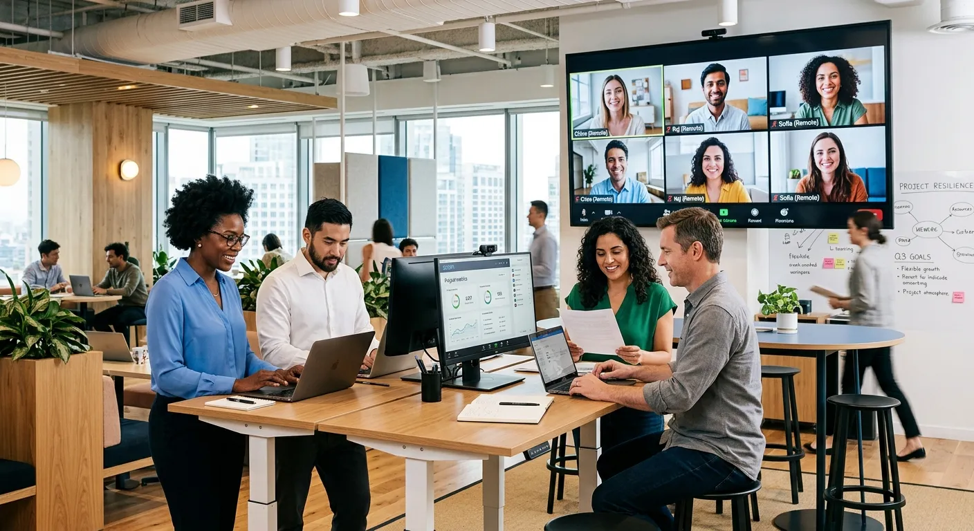A diverse group of professionals collaborating in a modern, bright office with a hybrid setup. Some... A diverse group of professionals collaborating in a modern, bright office with a hybrid setup. Some are in-person at standing desks, others are visible on large video call screens. The mood is dynamic, prepared, and resilient.