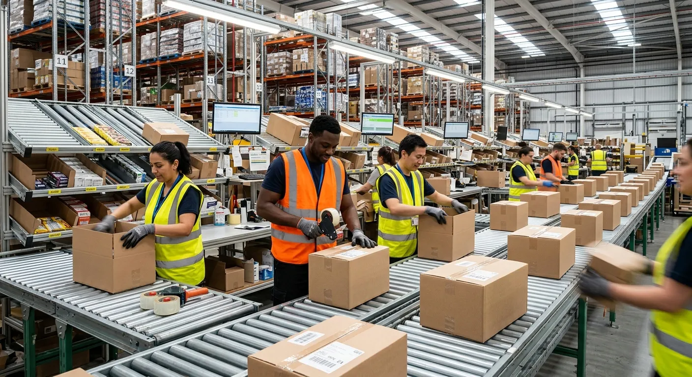 A dynamic, high-energy shot of a modern, efficient warehouse packing line. A diverse team of packing... A dynamic, high-energy shot of a modern, efficient warehouse packing line. A diverse team of packing operatives in high-vis vests work seamlessly together, packing boxes with speed and precision against a backdrop of organized shelving. The style is bright, professional, and conveys motion and efficiency.
