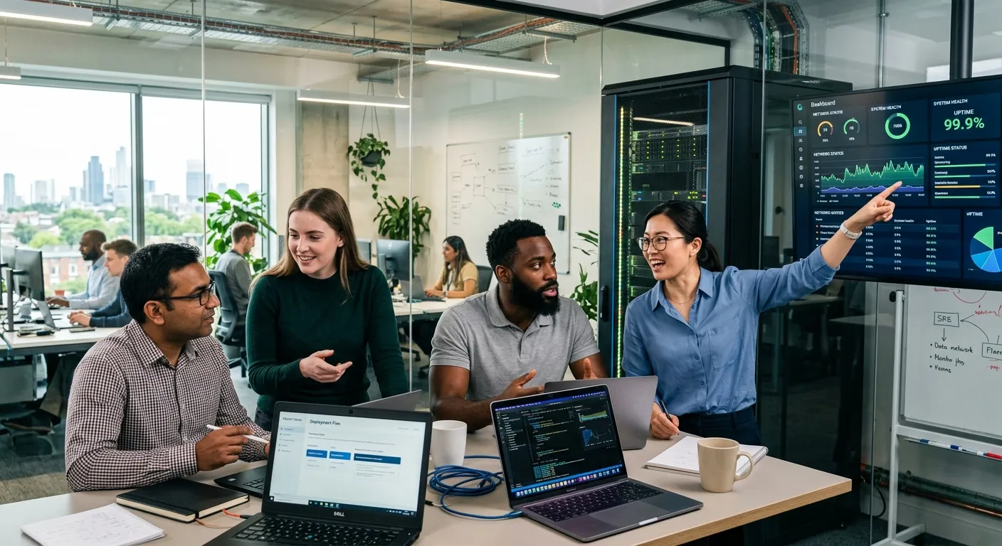 A dynamic, modern business setting showing a diverse team of IT professionals collaborating in a sleek office. One is pointing at a server rack dashboard, another is discussing with a colleague over a laptop. Style: Professional, vibrant, with a focus on technology and teamwork. Mood: Confident, innovative, and efficient.