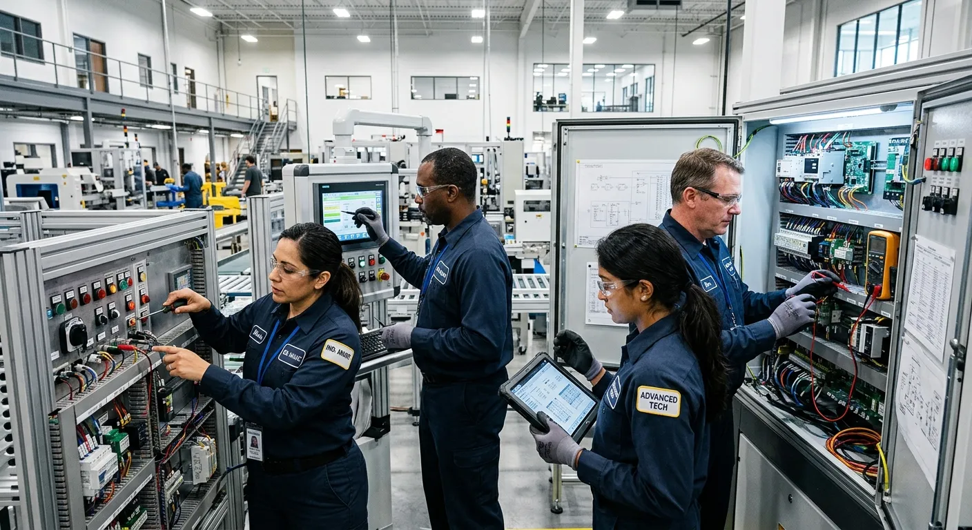 A diverse team of industrial maintenance technicians in a modern manufacturing facility, collaborati... A diverse team of industrial maintenance technicians in a modern manufacturing facility, collaboratively working on a complex machine panel. Professional, high-energy mood with a focus on skill and technology. Shot in a bright, clean environment.