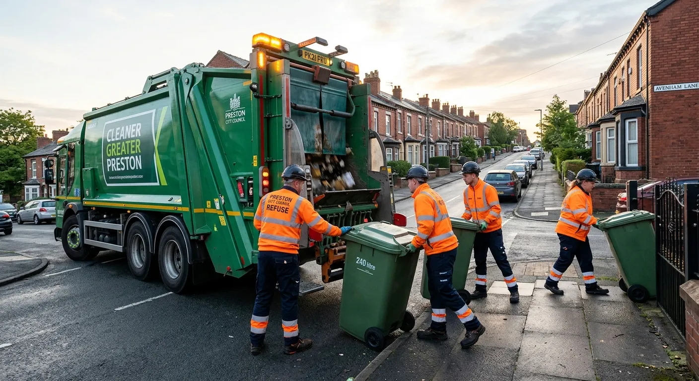 A dynamic, realistic photo of a refuse crew in high-visibility gear working together to empty bins into a modern RCV on a residential street in Preston, early morning light, capturing action and teamwork