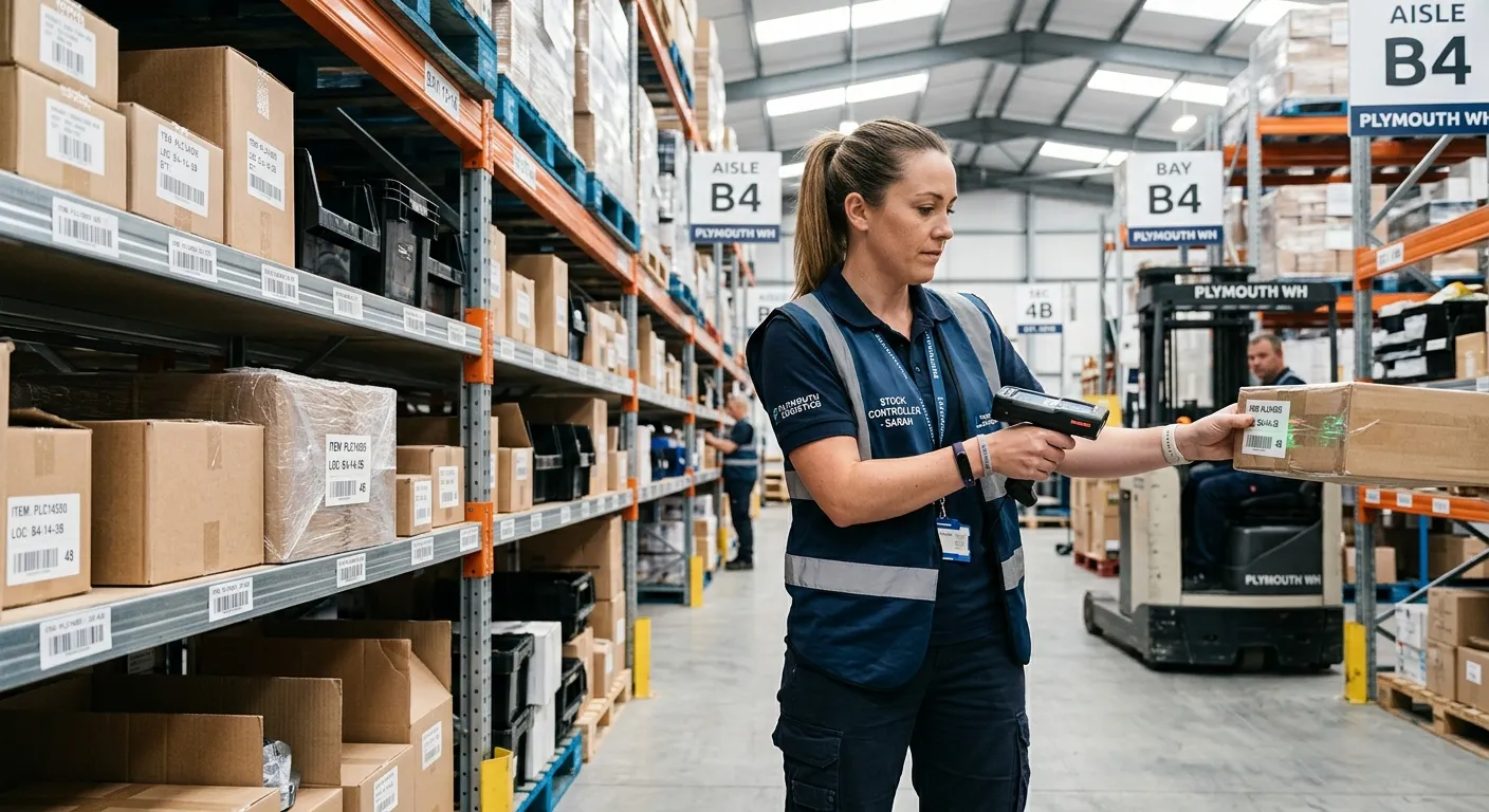 Professional, confident Stock Controller in a modern Plymouth warehouse, using a handheld scanner to... Professional, confident Stock Controller in a modern Plymouth warehouse, using a handheld scanner to check inventory on shelves. Bright, clean lighting, focus on efficiency and accuracy.