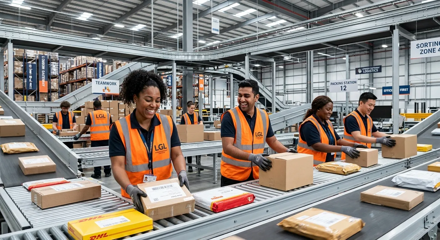 A dynamic, professional photograph of a diverse team of parcel sorters in a modern, clean London log... A dynamic, professional photograph of a diverse team of parcel sorters in a modern, clean London logistics warehouse. They are efficiently sorting packages onto conveyor belts, wearing high-vis vests, smiling, and looking engaged. The image conveys energy, teamwork, and a positive work environment.