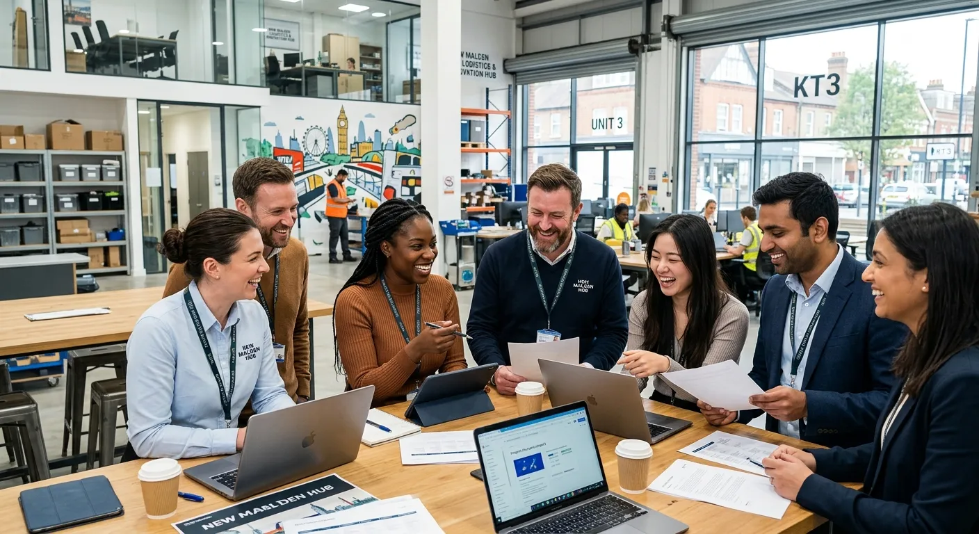 A professional, dynamic photo of a diverse group of workers in a modern New Malden office or warehouse setting, collaborating and smiling. Style should be bright, aspirational, and convey energy and teamwork.