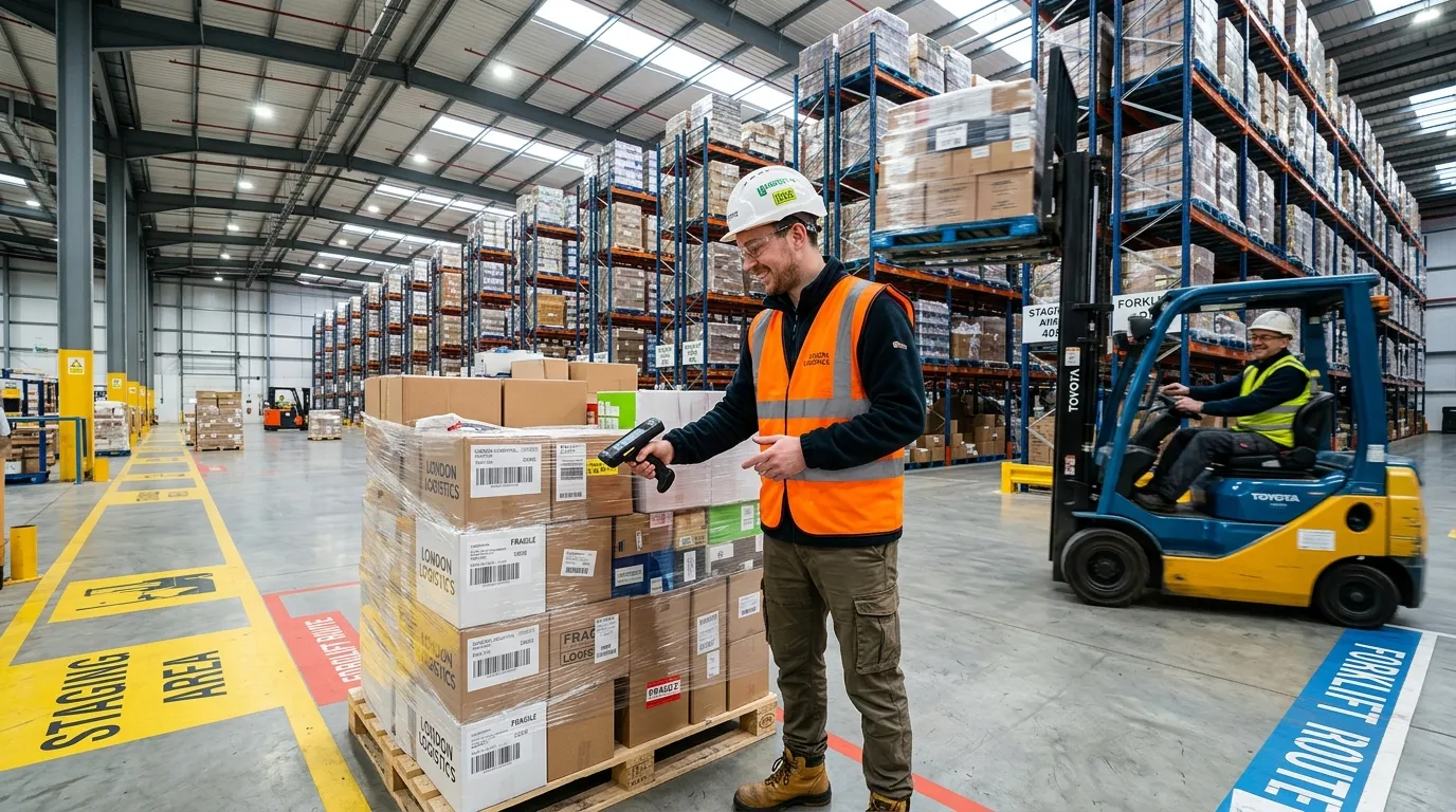 A dynamic, wide-angle photo inside a modern, clean London warehouse. A Stock Controller in a hi-vis vest and hard hat is shown using a handheld scanner on a pallet, while conversing with a forklift driver in the background. The image should convey organisation, technology, and teamwork.