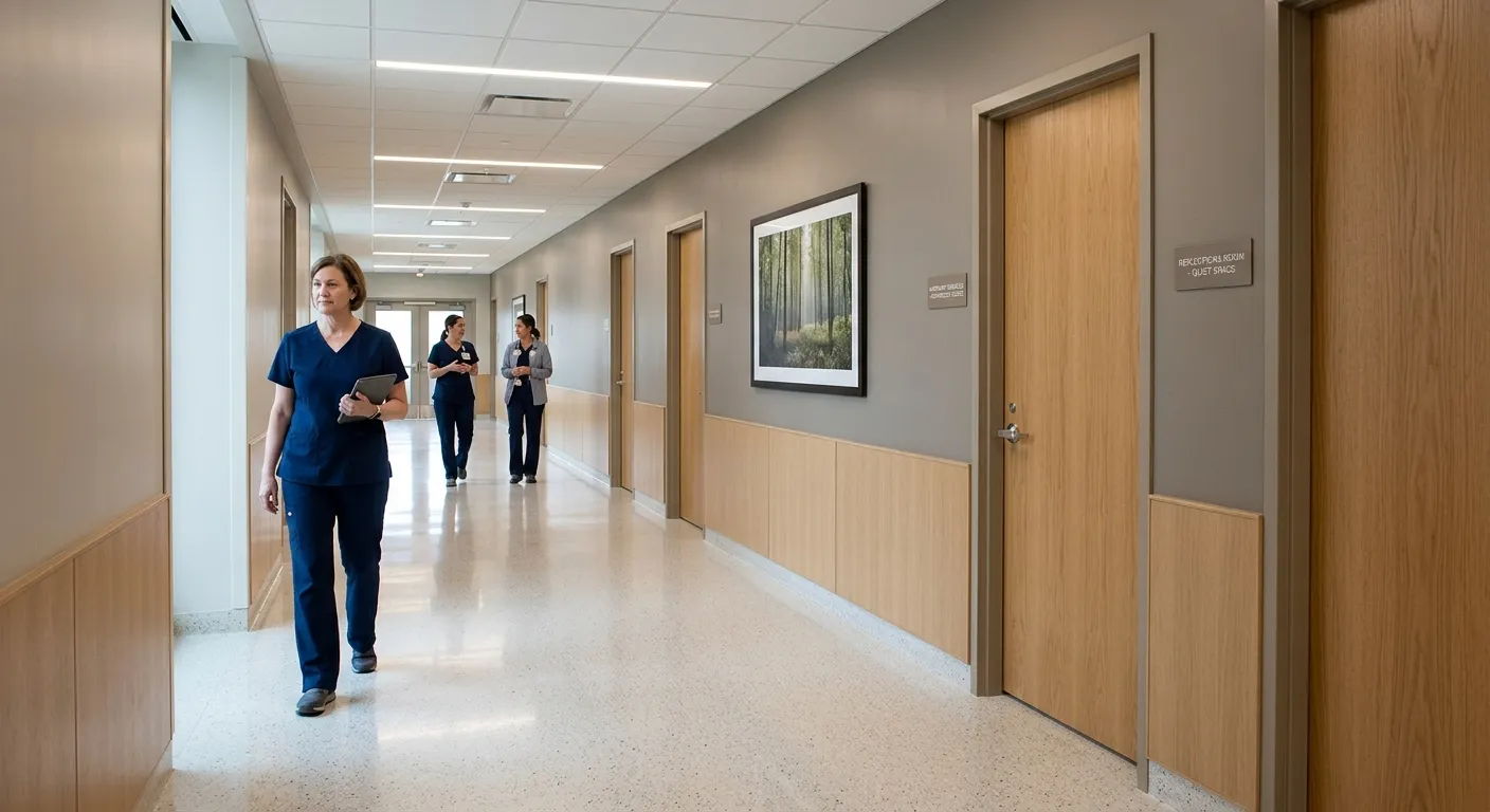 A professional, respectful, and somber image of a hospital or mortuary corridor, well-lit and clean, suggesting a dignified work environment. Focus on calmness and professionalism.