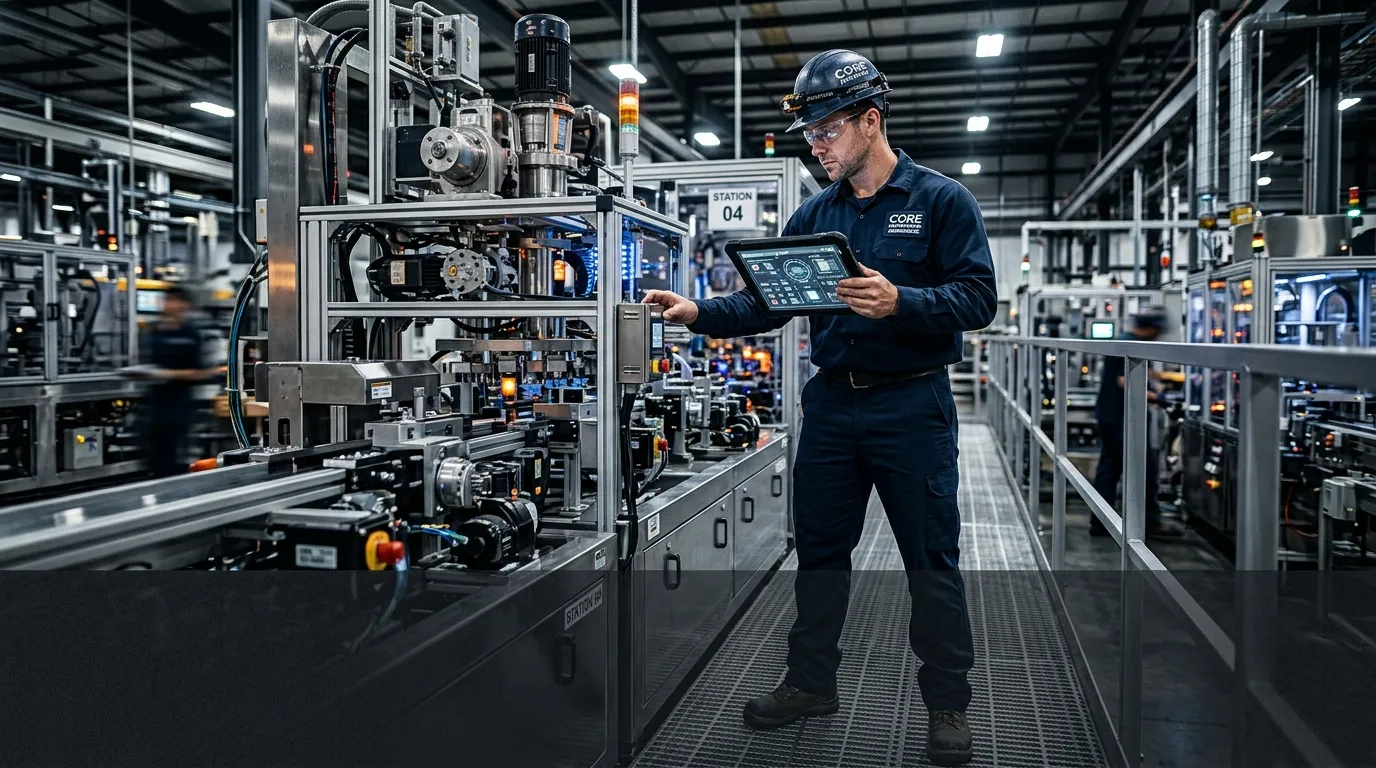 High-contrast, professional hero image of a skilled maintenance technician in a modern industrial facility, holding a tablet and inspecting complex machinery. The mood is competent, efficient, and high-tech. Use a semi-transparent dark overlay at the bottom for text safety.
