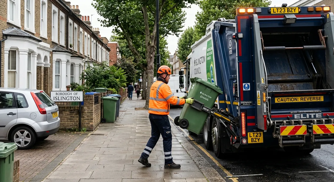 A professional, well-framed shot of a Refuse / Waste Operative in high-visibility PPE, safely loading a modern waste collection vehicle on a residential street in Islington, London. The image should convey professionalism, safety, and active work.
