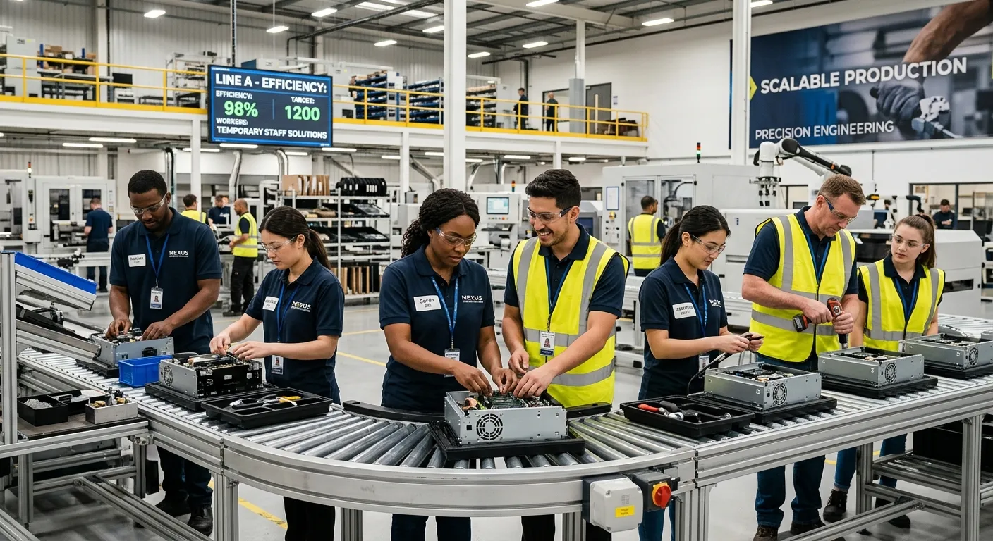 A dynamic, high-energy shot inside a modern, clean manufacturing facility. Focus on a diverse team of skilled temporary workers collaborating on an assembly line. The image should convey efficiency, precision, and scalability, with a warm, professional mood.