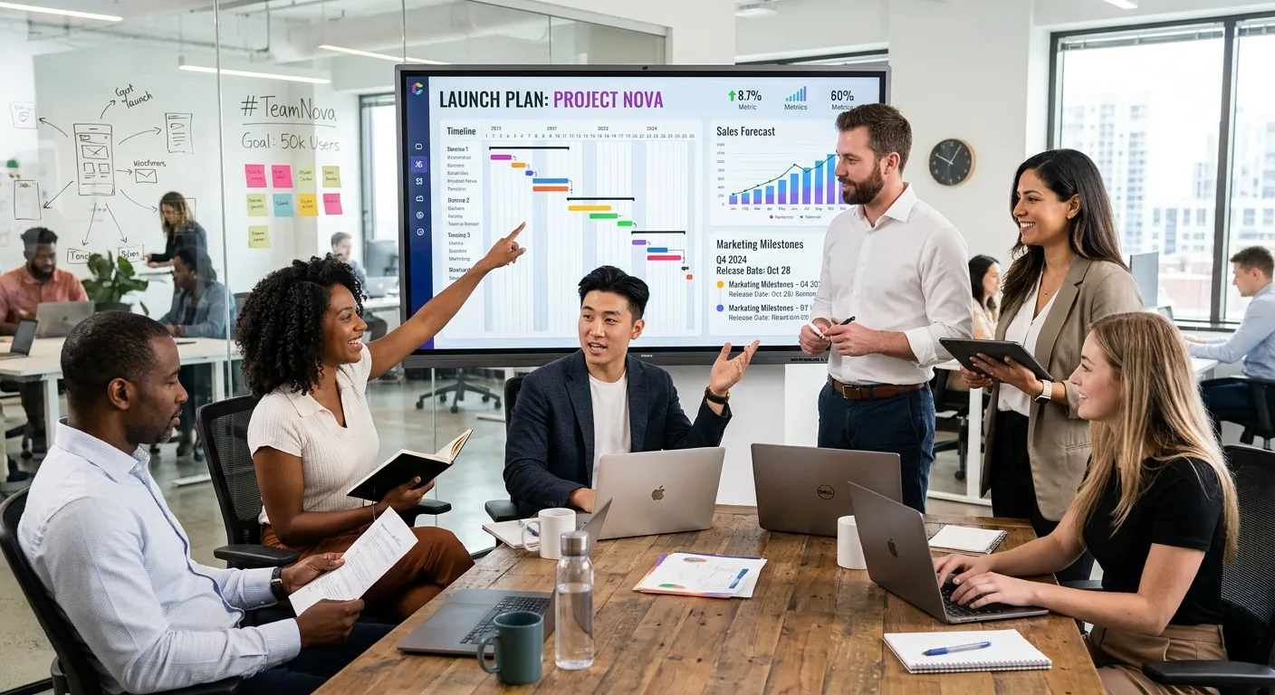 A dynamic, professional team in a modern office collaborating on a product launch plan. A diverse gr... A dynamic, professional team in a modern office collaborating on a product launch plan. A diverse group is gathered around a large screen displaying analytics and timelines. Style is bright, energetic, and focused.