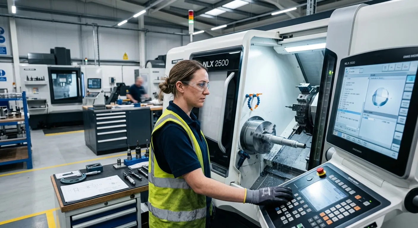 Modern, well-lit industrial workshop with a skilled machine operator focused on a CNC lathe, wearing... Modern, well-lit industrial workshop with a skilled machine operator focused on a CNC lathe, wearing safety gear. The atmosphere is professional and high-tech.