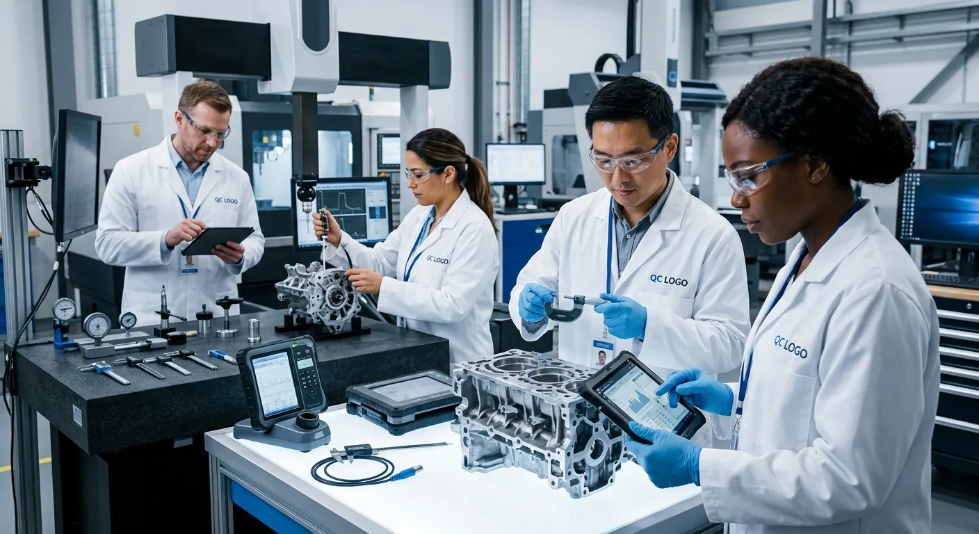 A professional, high-resolution image of a diverse team of quality control inspectors in a modern manufacturing or lab environment. They are examining products with digital tablets and precision tools, wearing safety gear. Style: Clean, professional, high-contrast. Mood: Competent, precise, and technologically advanced.