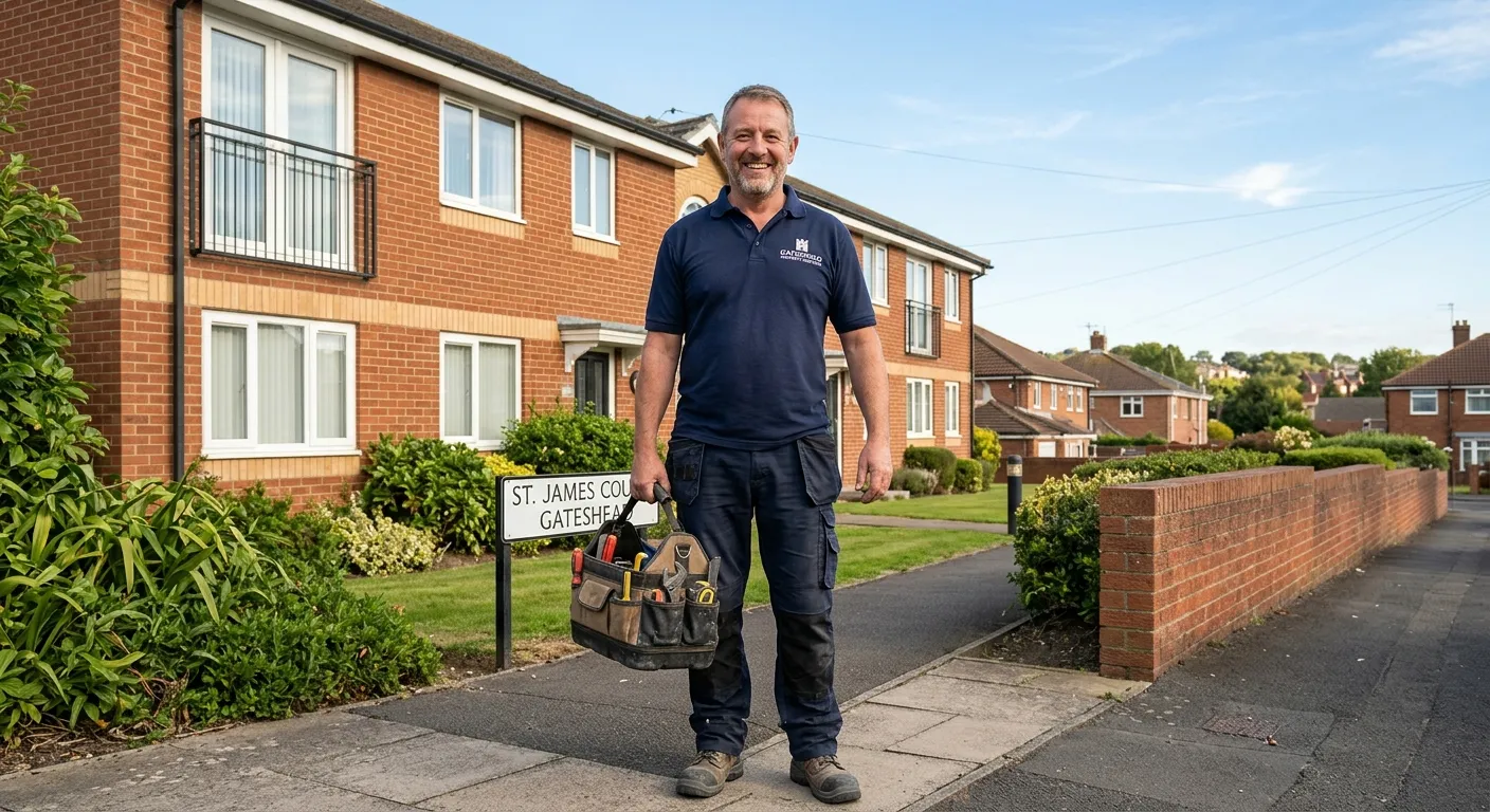 A professional, confident Property Maintenance Operative in workwear, holding a tool bag, smiling an... A professional, confident Property Maintenance Operative in workwear, holding a tool bag, smiling and looking at the camera. They are standing outside a well-maintained residential building in Gateshead, with a clear blue sky in the background. Style: Authentic, professional, aspirational.