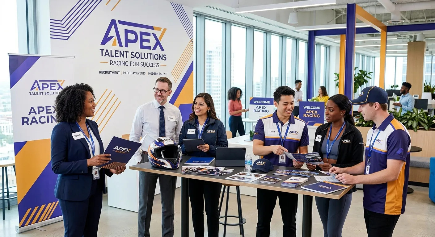 Modern professional recruitment agency scene with diverse hiring team and race day event staff, bright indigo and amber accents, clean corporate mood