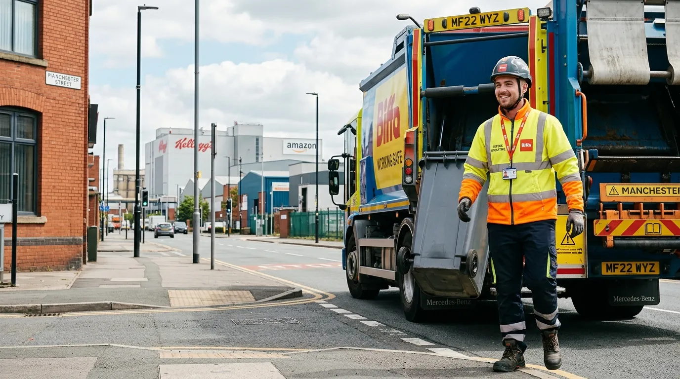 A professional, bright hero image of a Refuse / Waste Operative in high-visibility PPE working safely on a Manchester street, with Trafford Park industrial buildings and a modern waste collection vehicle in the background, clean urban recruitment style
