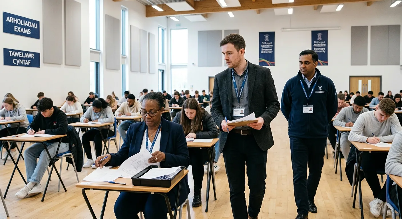 A professional, diverse group of exam invigilators in a modern university or college setting in Swansea, checking exam papers and monitoring a hall. Style should be bright, trustworthy, and focused. Mood: professional, calm, and reliable.