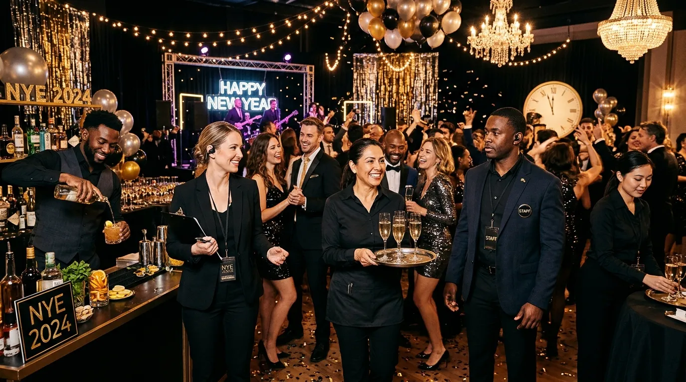 A dynamic, professional hero image showing a diverse team of New Years Eve staff in action. A mix of bartenders, servers, security, and event coordinators working seamlessly in an upscale, festively decorated venue at night. Mood is energetic, professional, and celebratory. Style is modern, high-contrast photography.