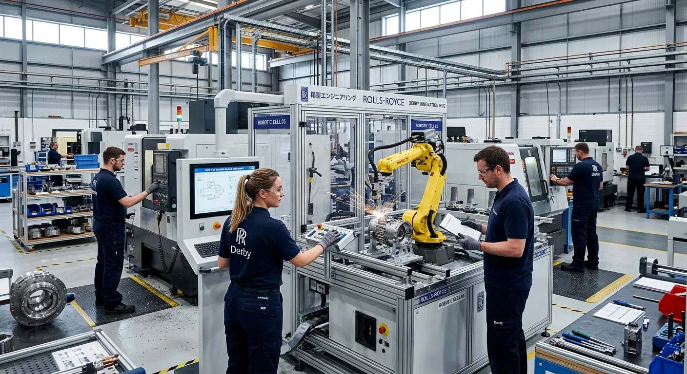 A modern, dynamic manufacturing facility in Derby, showing precision engineering, automated machiner... A modern, dynamic manufacturing facility in Derby, showing precision engineering, automated machinery, and skilled technicians working collaboratively. Professional, high-energy mood with sharp focus.