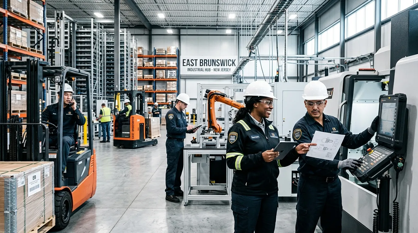 A professional, high-contrast hero image showing a diverse team of skilled industrial workers in a modern, clean warehouse or manufacturing facility in East Brunswick, NJ. Focus on action, teamwork, and advanced equipment. Mood: Dynamic, efficient, and professional.