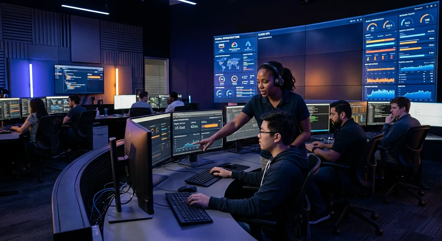 Modern IT operations command center with diverse engineers collaborating on cloud dashboards, indigo and amber lighting, professional, clean, futuristic, high contrast