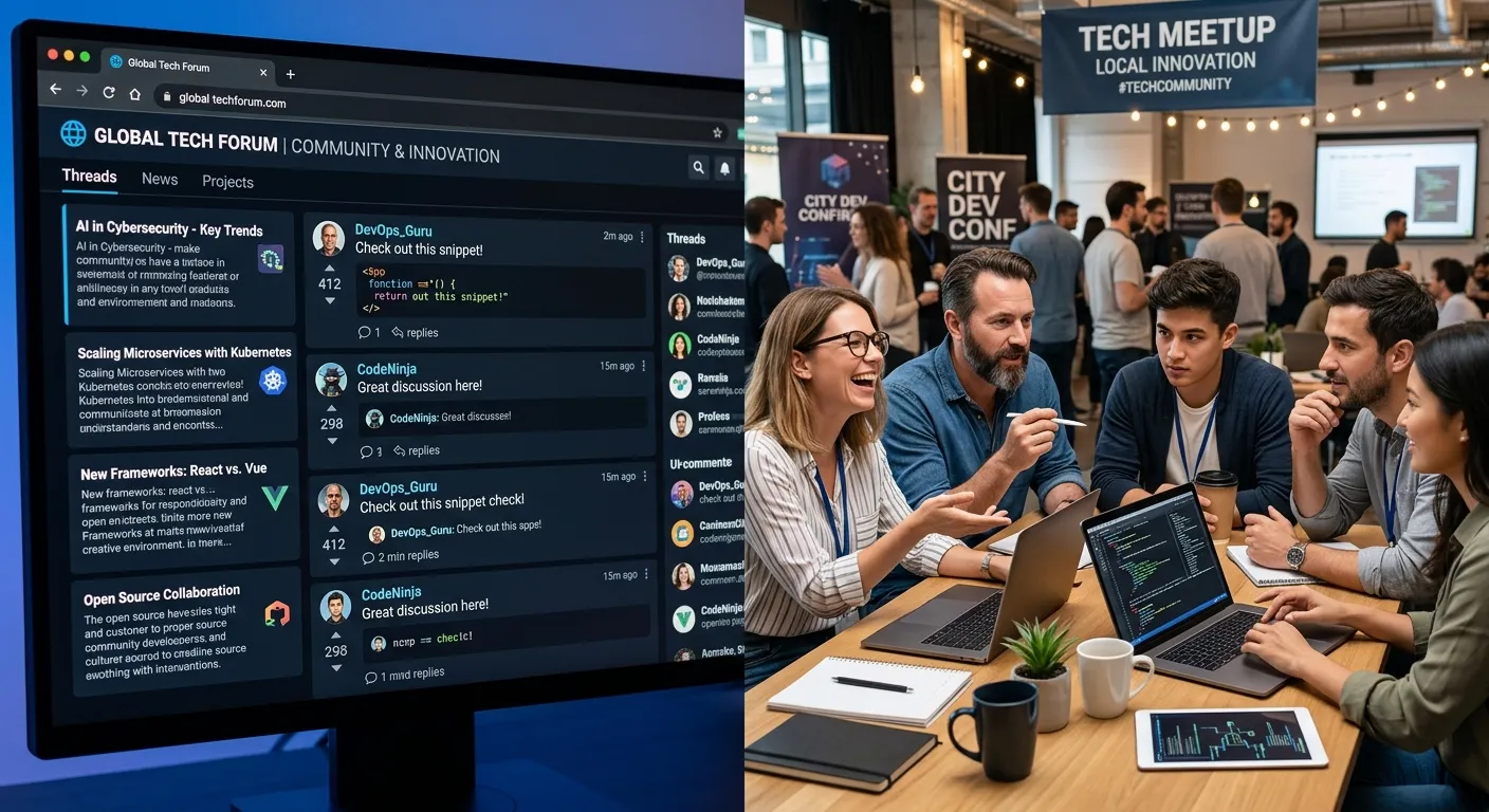 A split-screen visual showing a vibrant online tech forum discussion on the left and a group of IT p... A split-screen visual showing a vibrant online tech forum discussion on the left and a group of IT professionals collaborating at a local meetup on the right.