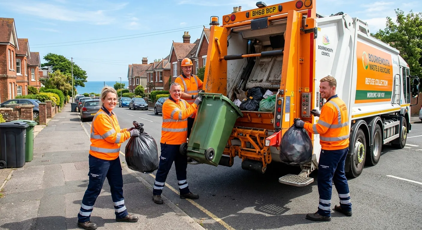 A professional, action-oriented photograph of a team of refuse/waste operatives in Bournemouth, safe... A professional, action-oriented photograph of a team of refuse/waste operatives in Bournemouth, safely and efficiently loading a modern waste collection vehicle on a sunny day. They are wearing high-visibility jackets and PPE, smiling, representing a positive and productive work environment.
