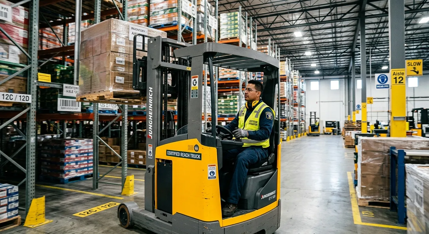 A professional, dynamic shot of a certified reach truck operator skillfully maneuvering in a modern,... A professional, dynamic shot of a certified reach truck operator skillfully maneuvering in a modern, high-bay warehouse. The image should convey precision, safety, and efficiency, with a focus on the operator and the machinery. Mood: Professional, competent, and industrial.