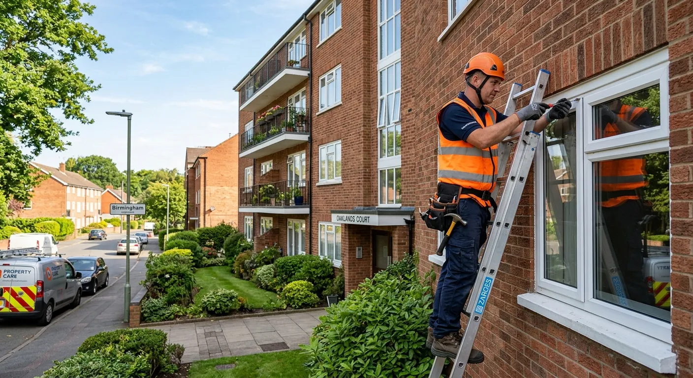 A professional photo of a property maintenance operative in high-visibility clothing, working on a r... A professional photo of a property maintenance operative in high-visibility clothing, working on a residential apartment block in a Birmingham suburb. The image should convey professionalism, a hands-on approach, and a sunny, well-maintained urban environment.
