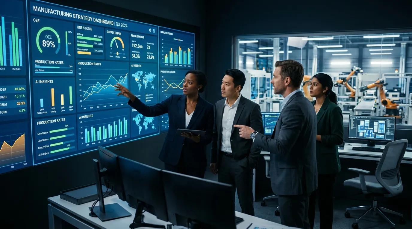 A dynamic, high-contrast hero image of a modern, high-tech manufacturing control room. A diverse gro... A dynamic, high-contrast hero image of a modern, high-tech manufacturing control room. A diverse group of executive-level professionals in smart attire are collaboratively analyzing real-time production data on a large digital dashboard, symbolizing strategic leadership and decision-making.