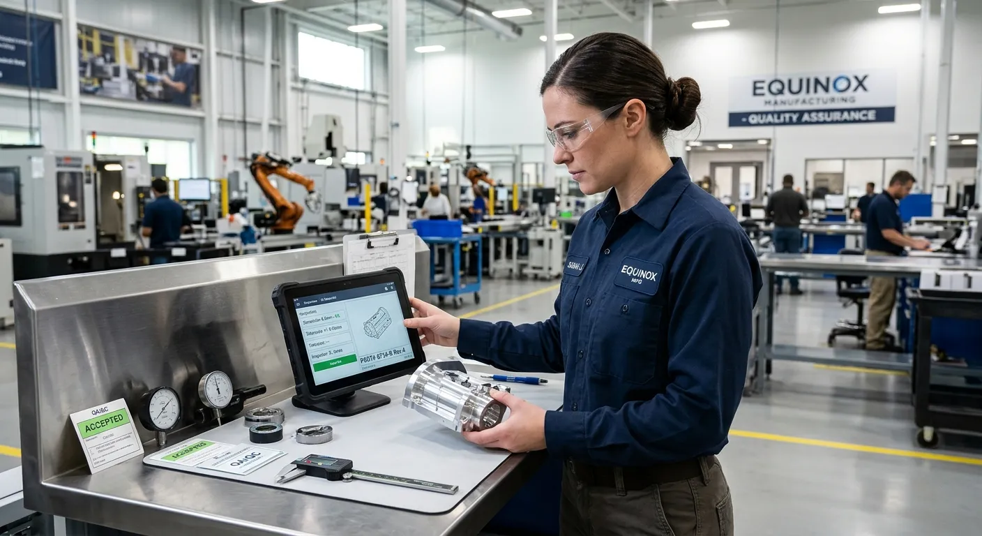 A professional quality control inspector in a modern manufacturing facility, using a tablet to inspect a product component. Style: High-quality, bright, and focused. Mood: Professional, precise, and trustworthy.
