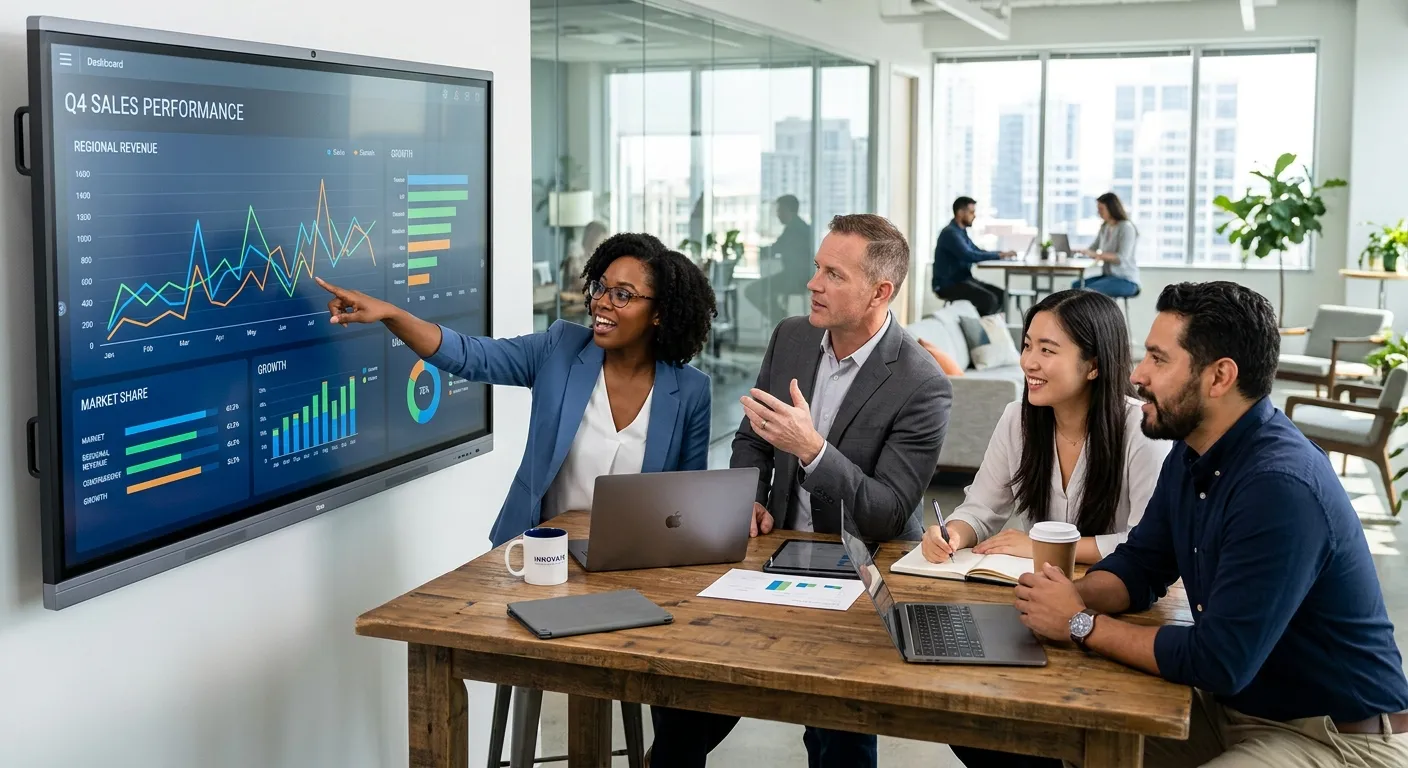 A professional, high-resolution image of a diverse team of office professionals collaborating in a modern, bright workspace. One person points to a data dashboard on a screen, others discuss. Style: Corporate, energetic, focused. Mood: Collaborative, efficient, and strategic.