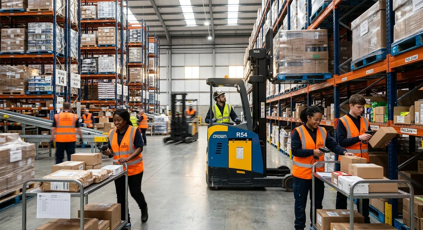 A dynamic, high-energy shot of a modern, efficient London warehouse. Focus on a diverse team of picker packers and a reach truck operator in high-visibility vests, moving goods in a bright, organized logistics hub. Professional, action-oriented mood.