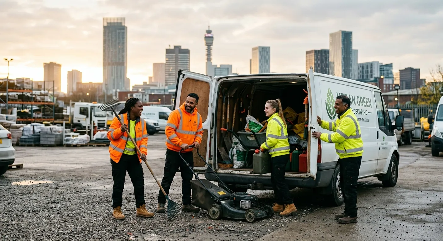 A diverse team of landscapers in high-vis gear, smiling and loading tools into a company van at dawn... A diverse team of landscapers in high-vis gear, smiling and loading tools into a company van at dawn in an urban depot, with Manchester cityscape in the soft background focus.