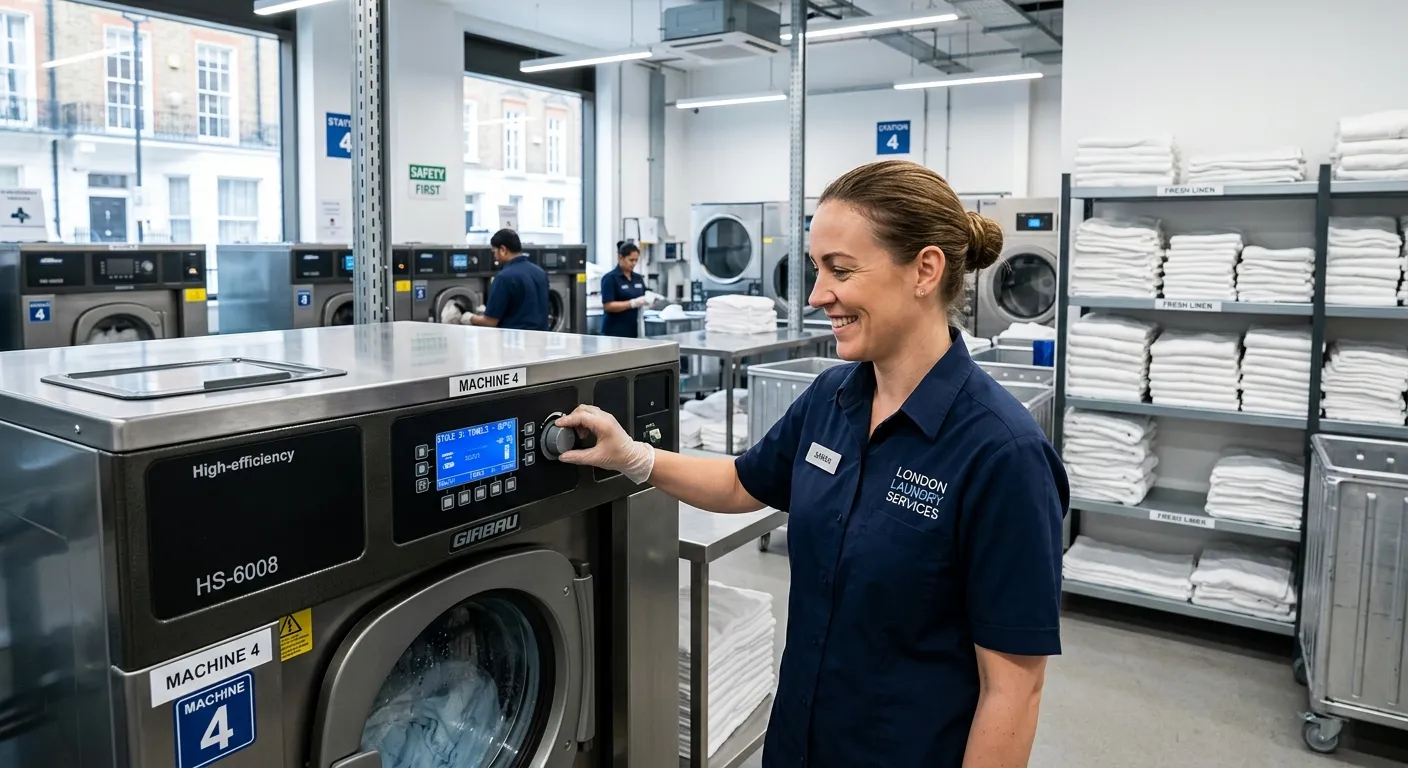 A professional, well-lit photo of a modern, efficient laundry facility in London. A smiling Laundry Attendant in clean uniform is operating an industrial washing machine, with folded linen in the background. The image conveys professionalism, hygiene, and a positive work environment.