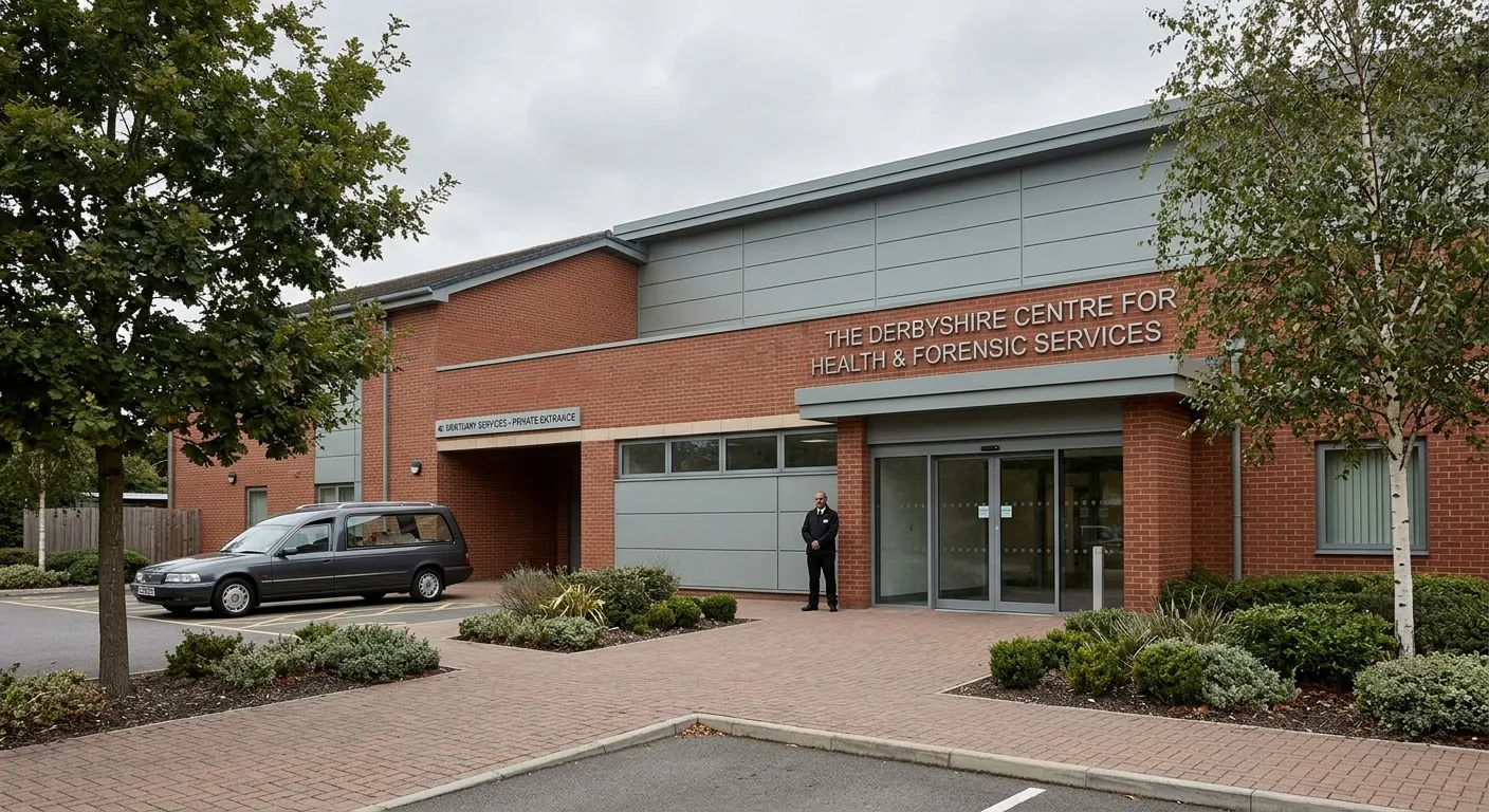 A respectful, professional image of a hospital or mortuary facility exterior in Derby, with a focus... A respectful, professional image of a hospital or mortuary facility exterior in Derby, with a focus on dignity and cleanliness. Style: Professional, sombre, trustworthy. Mood: Respectful, essential, structured.
