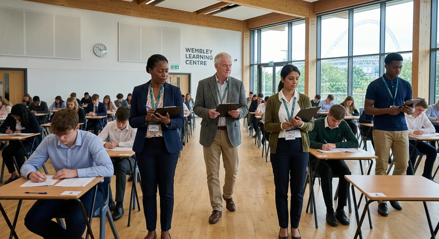 Professional photo of a diverse group of exam invigilators in a bright, modern school hall in Wembley. They are dressed smart-casual, holding clipboards, observing a calm exam session. Style: professional, trustworthy, and local mood.