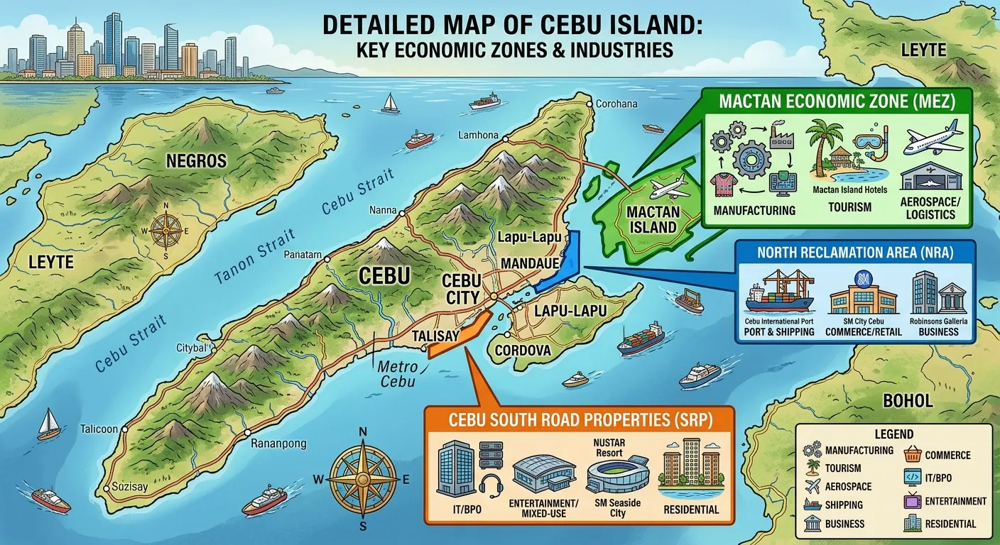 A detailed map of Cebu Island highlighting the Mactan Economic Zone, the Cebu South Road Properties, and the North Reclamation Area, with icons representing different industries in each zone.