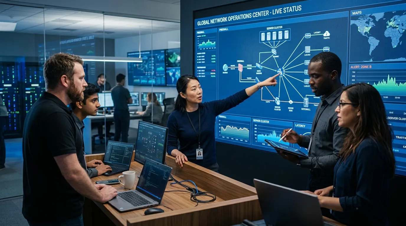 A modern, dynamic hero image showing a diverse team of IT professionals collaborating in a high-tech... A modern, dynamic hero image showing a diverse team of IT professionals collaborating in a high-tech operations center. One person is pointing to a network diagram on a large screen, others are discussing. Style is professional, crisp, with a focus on technology and teamwork. Mood is confident, innovative, and solution-oriented.