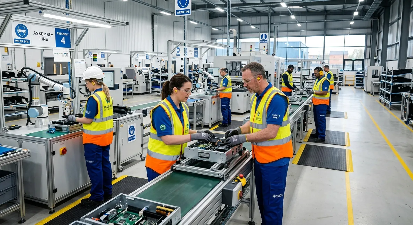 A dynamic, professional photo of a modern factory floor in Wakefield, showing operatives in high-vis... A dynamic, professional photo of a modern factory floor in Wakefield, showing operatives in high-visibility vests working collaboratively on an assembly line. The image should convey efficiency, teamwork, and a clean, safe working environment.