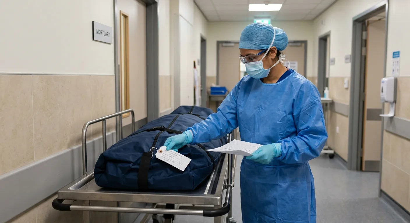 A professional mortuary porter in full PPE, carefully checking identification tags on a transport tr... A professional mortuary porter in full PPE, carefully checking identification tags on a transport trolley in a well-lit hospital corridor