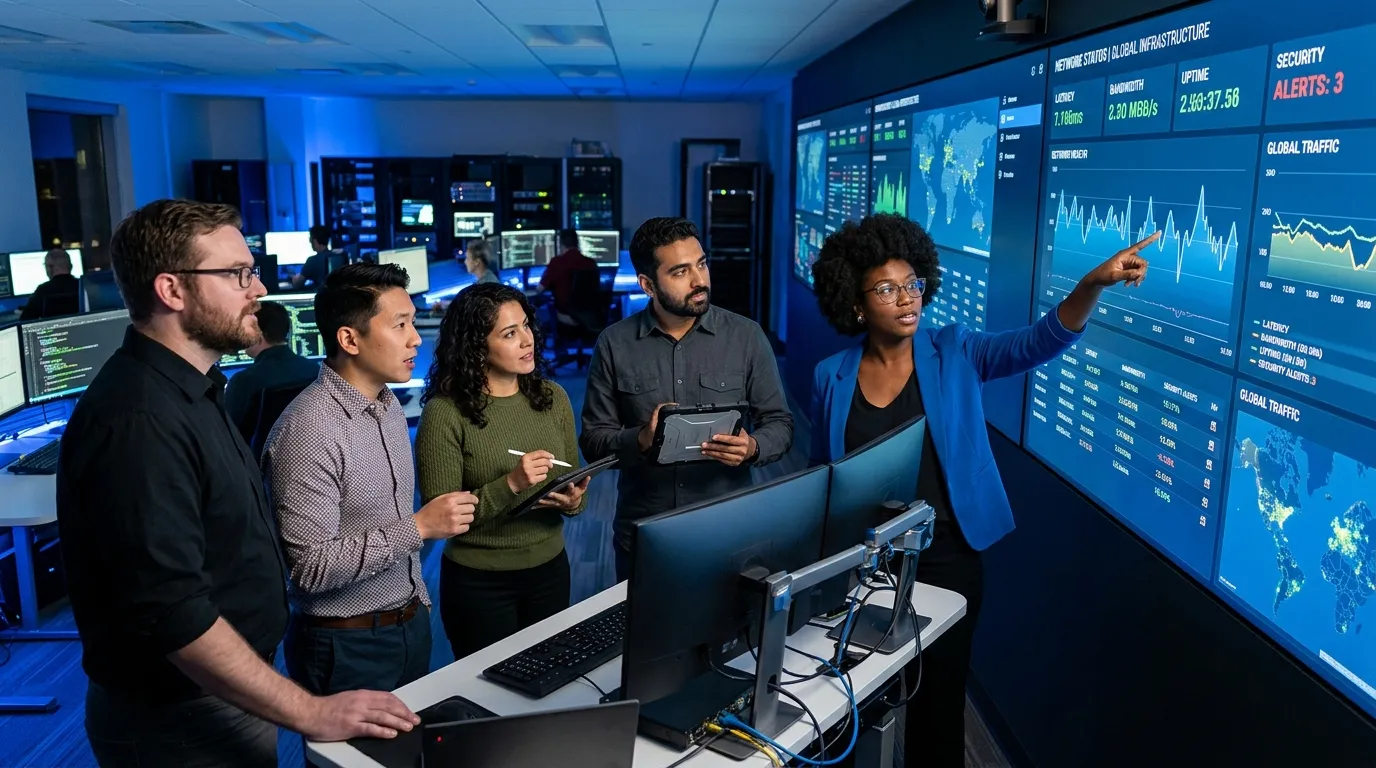 A dynamic, professional hero image showing a diverse team of IT professionals collaborating in a modern network operations center (NOC). One person is pointing at a large dashboard screen showing network metrics, others are in discussion. Style is bright, sharp, and focused on teamwork and technology.