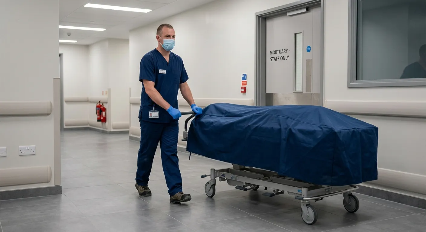 A professional, respectful image of a mortuary porter in a clean, modern hospital or mortuary environment, wearing appropriate PPE such as scrubs and gloves, carefully handling a covered trolley. The mood is dignified, professional, and focused.