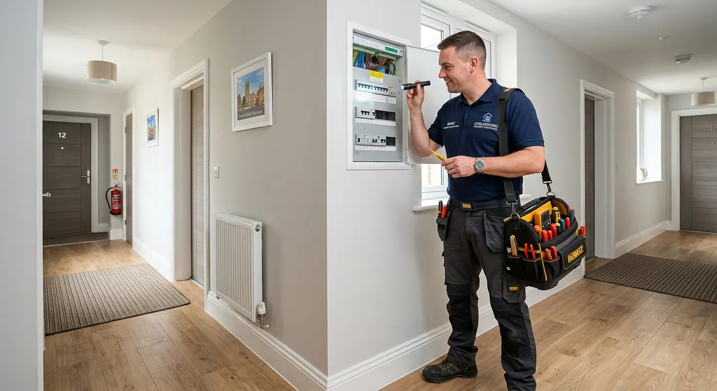A professional, well-lit photo of a Property Maintenance Operative in clean workwear, carrying a toolkit and inspecting a boiler or electrical panel in a modern apartment hallway in Chelmsford. Style should be authentic and practical.