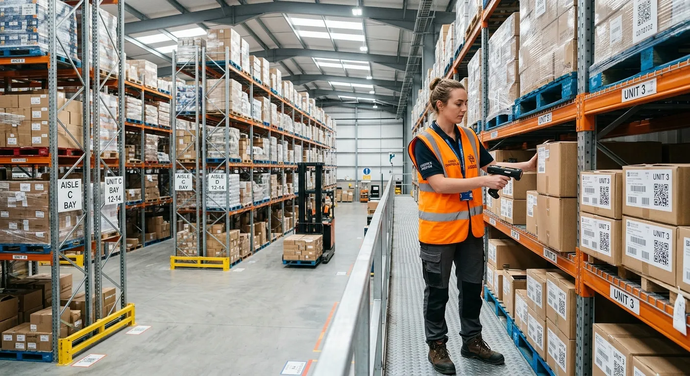 A professional, well-lit photograph of a modern, organised warehouse distribution centre in Preston. A Stock Controller in high-visibility vest is using a handheld scanner to check inventory on industrial shelving. The mood is efficient, clean, and professional, highlighting a dynamic work environment.