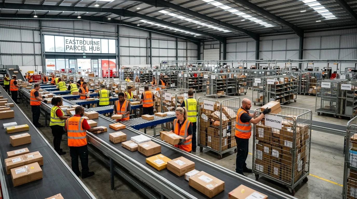Wide-angle photo of a modern, well-lit parcel sorting hub in Eastbourne, with workers in hi-vis vests at conveyor belts, focusing on sorting parcels into large cages.