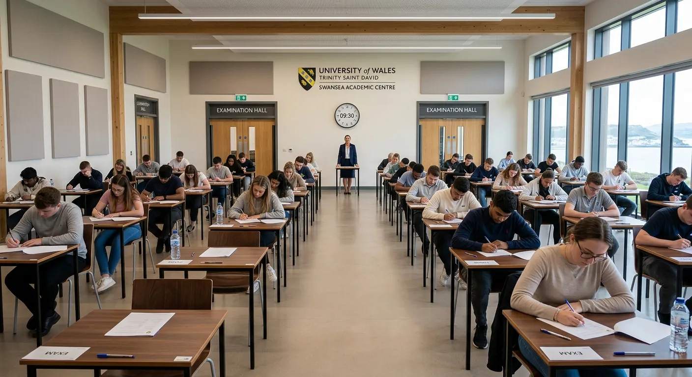 A professional, welcoming image of a modern examination hall in a Swansea educational institution. T... A professional, welcoming image of a modern examination hall in a Swansea educational institution. The focus is on a well-lit, organised room with neatly spaced desks, an invigilator standing confidently at the front, and a clock on the wall. Style: professional, trustworthy, calm. Mood: orderly and reliable.