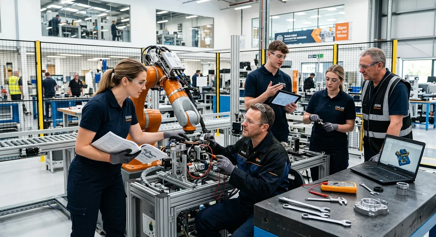 A professional, high-energy photo of skilled mechanical engineers and technicians collaborating in a modern manufacturing facility. Focus on teamwork, precision tools, and a clean, safe industrial environment. Style: Professional, dynamic, and inspiring.
