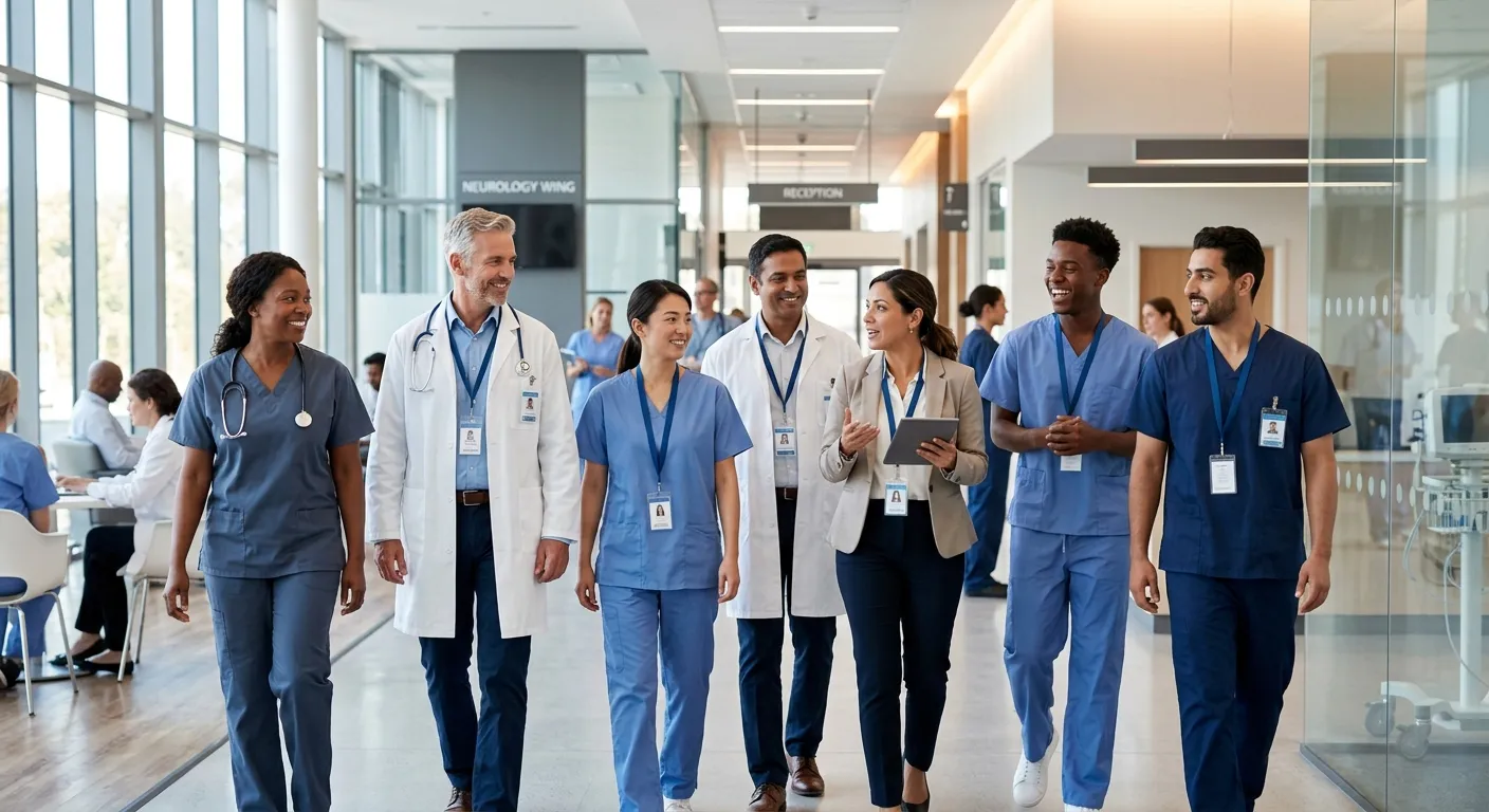 A diverse, professional team of healthcare workers including nurses, doctors, and support staff in a... A diverse, professional team of healthcare workers including nurses, doctors, and support staff in a modern, bright hospital corridor, looking confident and collaborative. Style: Professional healthcare stock photo with a focus on teamwork and modern medical environment.