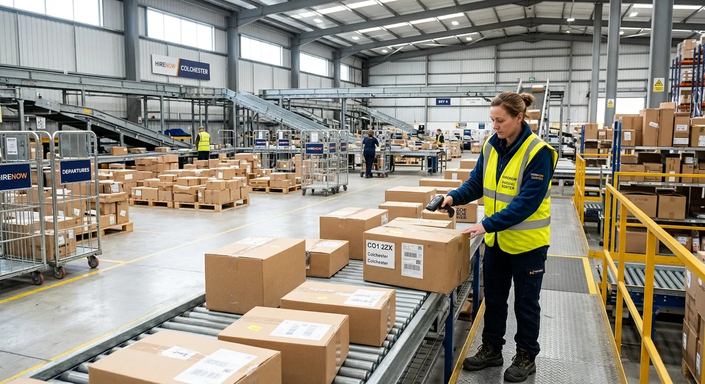 A bright, realistic UK warehouse sorting hub in Colchester CO1, showing a Parcel Sorter wearing high-visibility clothing and safety boots, scanning parcels on a conveyor, with neatly stacked boxes, trolleys, and a clean industrial setting. Style: professional, trustworthy, high contrast, daylight through warehouse windows, subtle HireNow brand colours indigo and amber.
